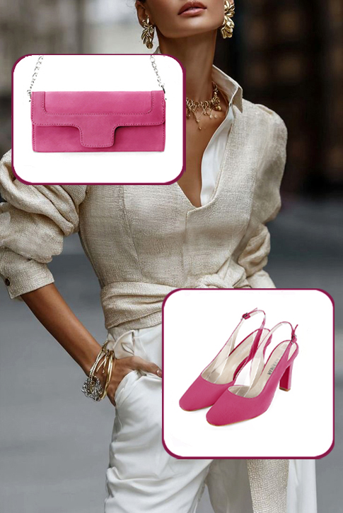 Dress slingback heels in fuchsia pink leather with kitten heels and round toe - Worn view